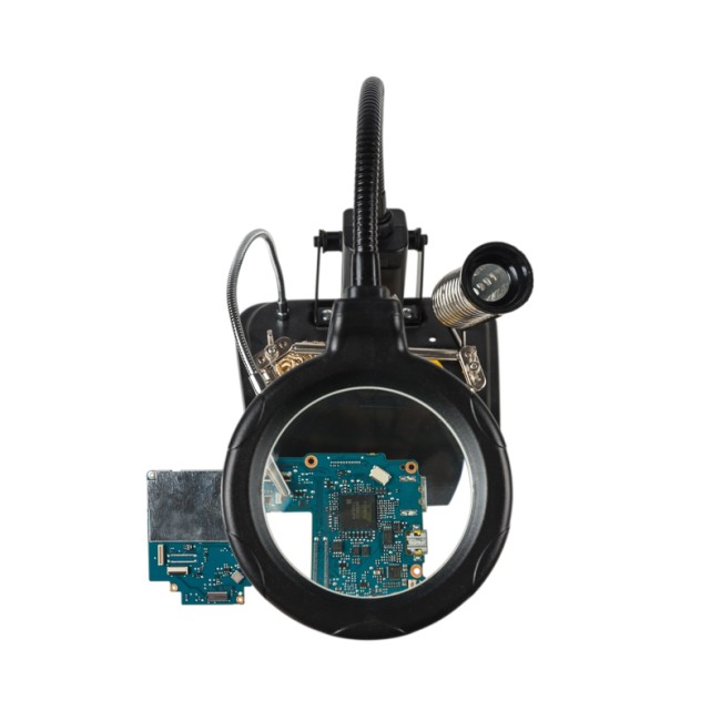 Держатель Третья рука, МАСТЕР, 3 зажима, лупа 90мм (3х), подставка паяльника, стенд припоя, LED подсветка REXANT Держатель Третья рука, МАСТЕР, 3 зажима, лупа 90мм (3х), подставка паяльника, стенд припоя, LED подсветка REXANT