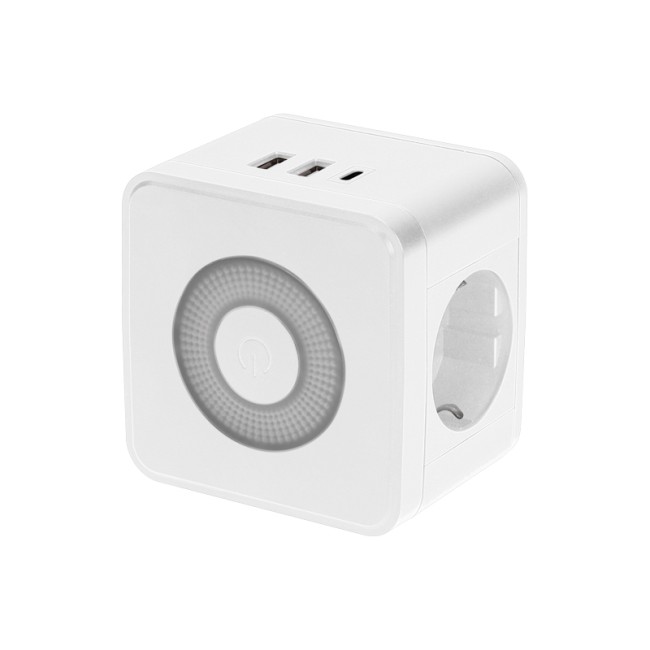 Двойник электрический Куб 16А с заземлением + 2хUSB-A 2,4А + USB Type-C 3А с ночной подсветкой, белый REXANT