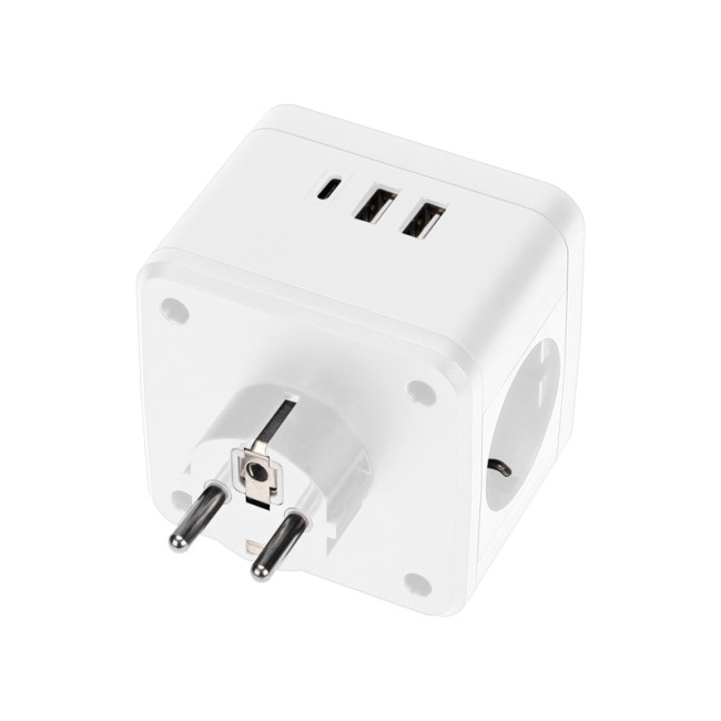 Двойник электрический Куб 16А с заземлением + 2хUSB-A 2,4А + USB Type-C 3А с ночной подсветкой, белый REXANT