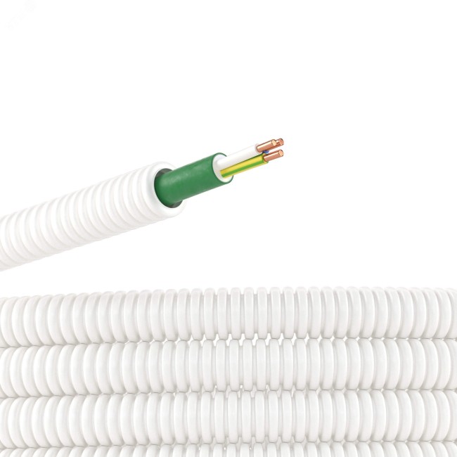 Электротруба ПЛЛ гибкая гофр не содержит галогеновд.25мм цвет белый с кабелем ППГнг(А)-FRHF 3x1,5мм РЭК ГОСТ+,50м