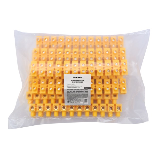 Клеммная винтовая колодка KВ-25 10-25, ток 60 A, полипропилен желтый REXANT (10 шт./уп.) Клеммная винтовая колодка KВ-25 10-25, ток 60 A, полипропилен желтый REXANT (10 шт./уп.)