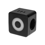 Двойник электрический Куб 16А с заземлением + 2хUSB-A 2,4А + USB Type-C 3А с ночной подсветкой, черный REXANT