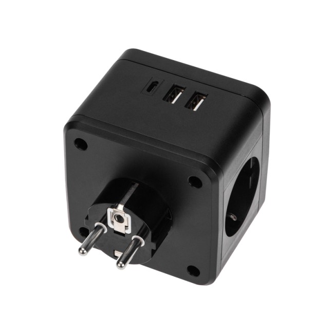 Двойник электрический Куб 16А с заземлением + 2хUSB-A 2,4А + USB Type-C 3А с ночной подсветкой, черный REXANT
