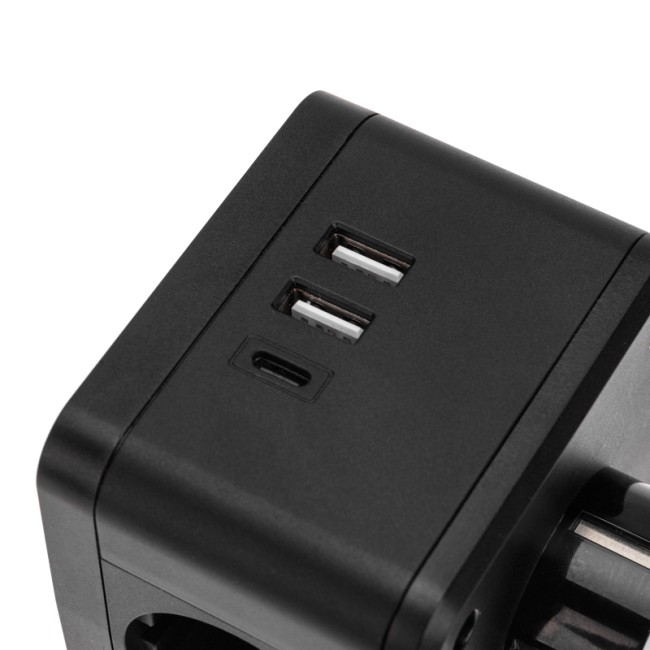 Двойник электрический Куб 16А с заземлением + 2хUSB-A 2,4А + USB Type-C 3А с ночной подсветкой, черный REXANT