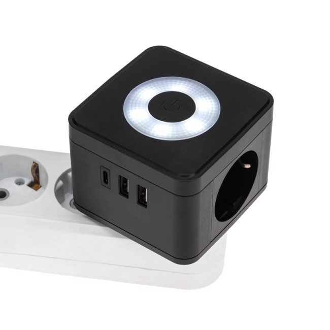 Двойник электрический Куб 16А с заземлением + 2хUSB-A 2,4А + USB Type-C 3А с ночной подсветкой, черный REXANT
