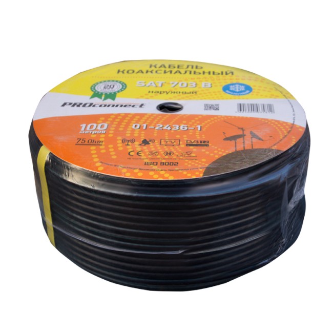 Кабель коаксиальный SAT 703 B, Cu/Al/Al, 75%, 75Ом, 100м, OUTDOOR, черный PROconnect Кабель коаксиальный SAT 703 B, Cu/Al/Al, 75%, 75Ом, 100м, OUTDOOR, черный PROconnect