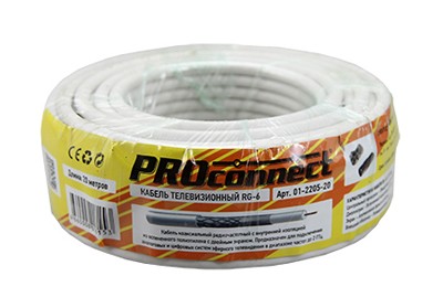 Кабель коаксиальный RG-6U, 75Ом, CCS/Al/Al, 48%, 20м, INDOOR, белый PROconnect