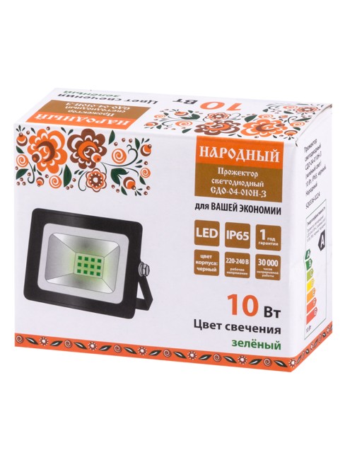 Прожектор светодиодный СДО-04-010Н-З (зелёный свет) 10 Вт, IP65, черный, Народный Прожектор светодиодный СДО-04-010Н-З (зелёный свет) 10 Вт, IP65, черный, Народный