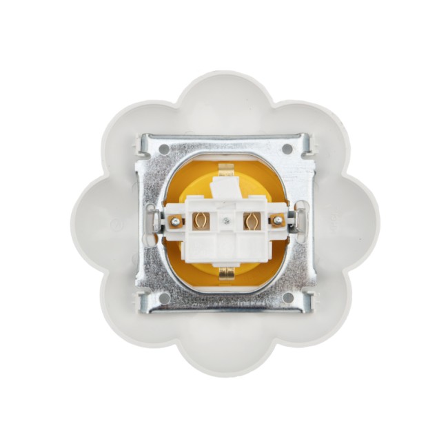 Розетка одноместная KRANZ HAPPY Ромашка скрытой установки, с заземлением и защитными шторками, желтая/белая Розетка одноместная KRANZ HAPPY Ромашка скрытой установки, с заземлением и защитными шторками, желтая/белая