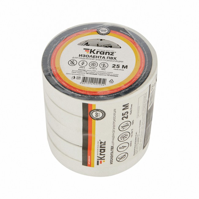 Изолента ПВХ 0,13х15 мм, 25 м, белая KRANZ