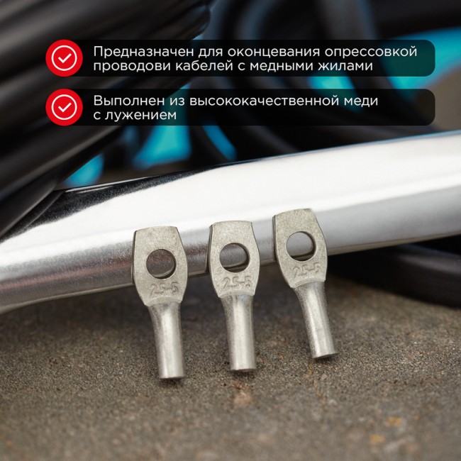 Наконечник медный луженый ТМЛ 2,5–5–2,6 (2,5мм² - Ø 5мм) ГОСТ 7386-80 (в упак. 10 шт.) REXANT Наконечник медный луженый ТМЛ 2,5–5–2,6 (2,5мм² - Ø 5мм) ГОСТ 7386-80 (в упак. 10 шт.) REXANT