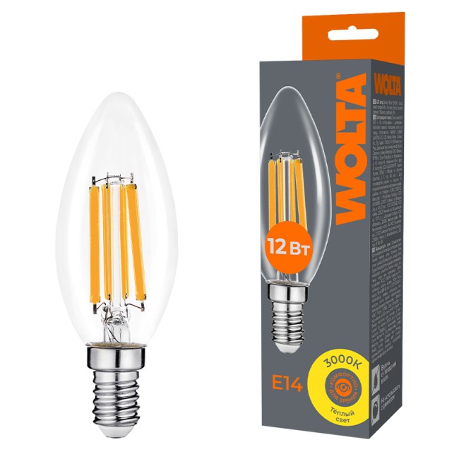 Светодиодная лампа WOLTA FILAMENT WF-C35-12W3KE14 12Вт 3000K Е14