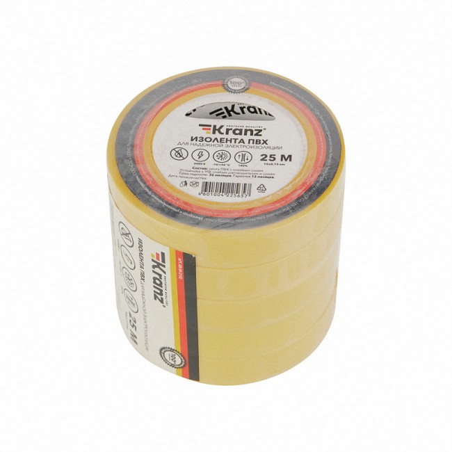 Изолента ПВХ 0,13х15 мм, 25 м, желтая KRANZ Изолента ПВХ 0,13х15 мм, 25 м, желтая KRANZ