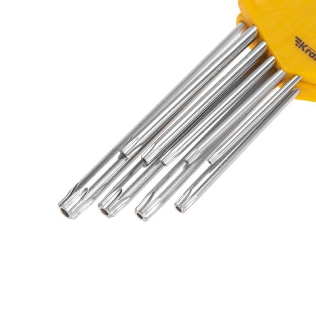 Набор ключей имбусовых Tamper-Torx 9шт ТТ10-ТТ50 закаленные удлиненные никель Kranz KR-12-5221