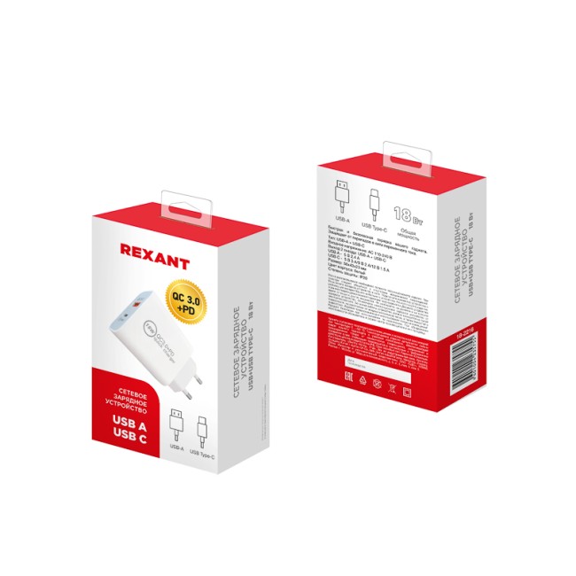 Сетевое зарядное устройство REXANT USB-A+USB-C адаптер, 18W белое Сетевое зарядное устройство REXANT USB-A+USB-C адаптер, 18W белое