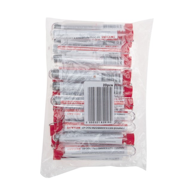 Припой без канифоли ПОС-61, 10г, Ø1мм, (олово 61%, свинец 39%), колба REXANT Припой без канифоли ПОС-61, 10г, Ø1мм, (олово 61%, свинец 39%), колба REXANT