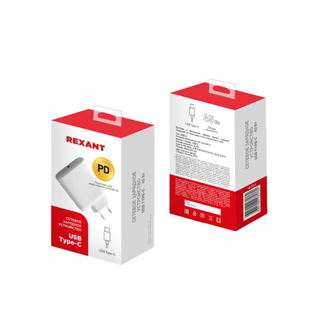 Сетевое зарядное устройство REXANT USB-C адаптер, 45W белое Сетевое зарядное устройство REXANT USB-C адаптер, 45W белое