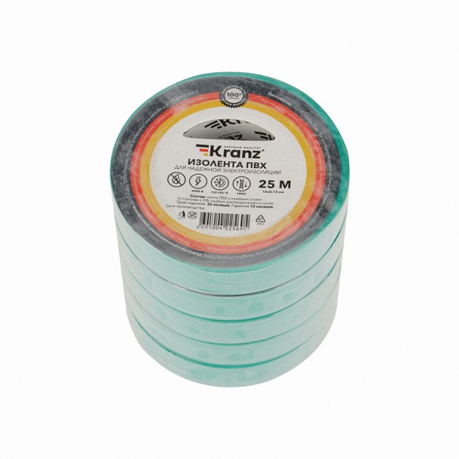 Изолента ПВХ 0,13х15 мм, 25 м, зеленая KRANZ Изолента ПВХ 0,13х15 мм, 25 м, зеленая KRANZ