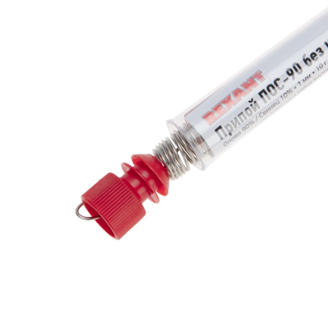 Припой без канифоли ПОС-90, 10г, Ø1мм, (олово 90%, свинец 10%), колба REXANT Припой без канифоли ПОС-90, 10г, Ø1мм, (олово 90%, свинец 10%), колба REXANT