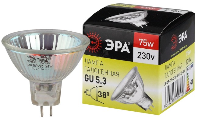 Лампа накаливания галогенная GU5.3-JCDR (MR16) -75W-230V-CL (галоген, софит, 75Вт, нейтр, GU5.3) ЭРА (10/200/6000) ЭРА