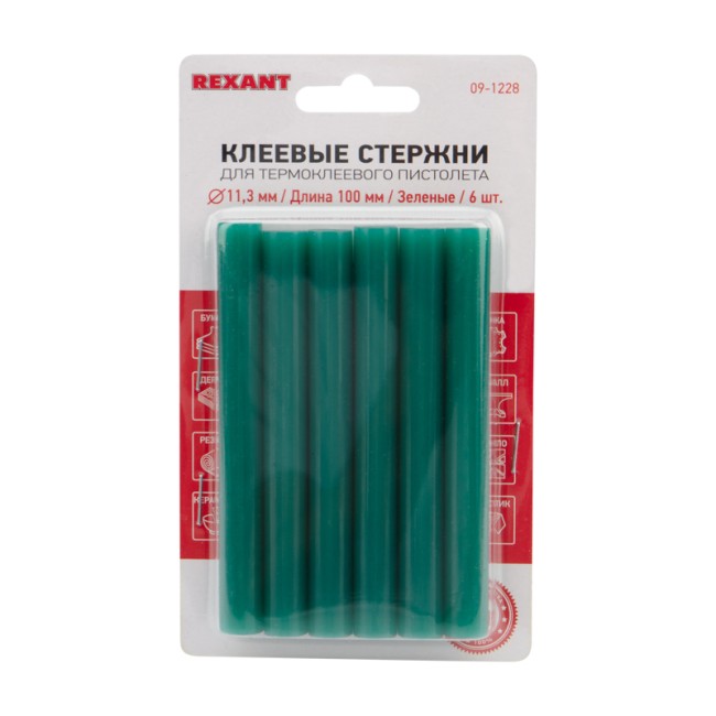 Стержни клеевые Ø11мм, 100мм, зеленые (6 шт/уп), блистер REXANT Стержни клеевые Ø11мм, 100мм, зеленые (6 шт/уп), блистер REXANT