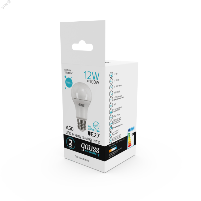 Лампа светодиодная LED 12 Вт 1150 Лм 4100К белая E27 А60 Elementary Gauss Лампа светодиодная LED 12 Вт 1150 Лм 4100К белая E27 А60 Elementary Gauss