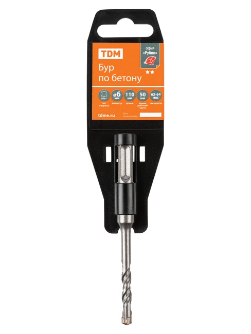 Бур по бетону, 6×110×50 мм, SDS-Plus, 4 резца, пластиковый держатель, 1 шт, "Рубин" TDM Бур по бетону, 6×110×50 мм, SDS-Plus, 4 резца, пластиковый держатель, 1 шт, "Рубин" TDM