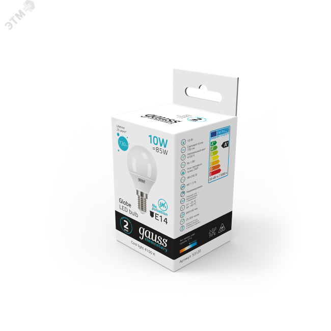 Лампа светодиодная LED 10 Вт 730 Лм 4100К белая Е14 Шар Elementary Gauss Лампа светодиодная LED 10 Вт 730 Лм 4100К белая Е14 Шар Elementary Gauss