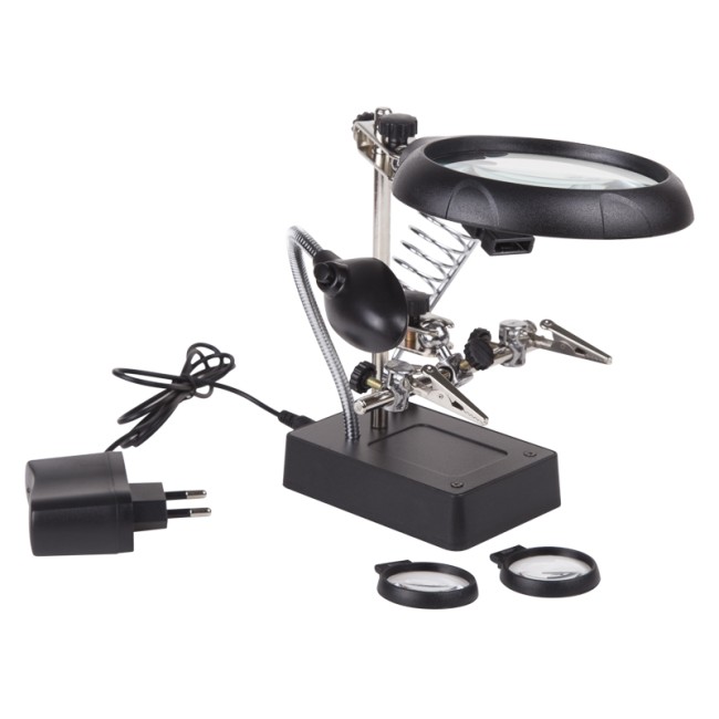Держатель Третья рука, 2 зажима, лупа 90мм (2.5х) + 2х34мм, подставка паяльника, LED подсветка REXANT Держатель Третья рука, 2 зажима, лупа 90мм (2.5х) + 2х34мм, подставка паяльника, LED подсветка REXANT