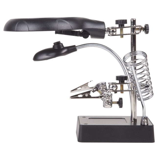 Держатель Третья рука, 2 зажима, лупа 90мм (2.5х) + 2х34мм, подставка паяльника, LED подсветка REXANT Держатель Третья рука, 2 зажима, лупа 90мм (2.5х) + 2х34мм, подставка паяльника, LED подсветка REXANT