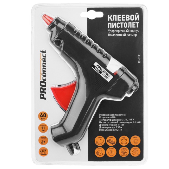 Пистолет клеевой, 40Вт, Ø11мм, блистер PROconnect Пистолет клеевой, 40Вт, Ø11мм, блистер PROconnect