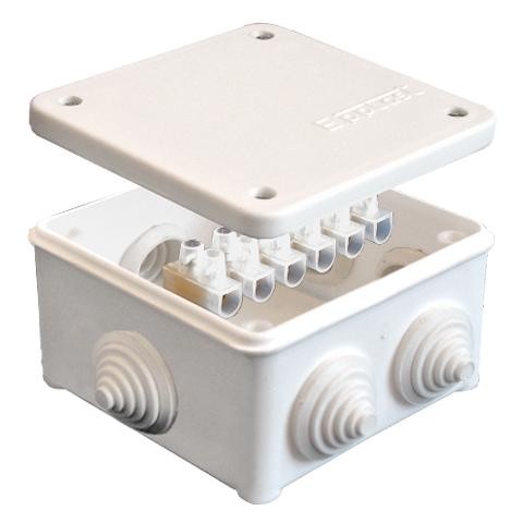 Коробка распределительная ОП 85х85х45мм IP54 с клемм. 7 выходов 3 гермоввода 10А 6 контактов крышка на винтах бел. Epplast 130113 Коробка распределительная ОП 85х85х45мм IP54 с клемм. 7 выходов 3 гермоввода 10А 6 контактов крышка на винтах бел. Epplast 130113