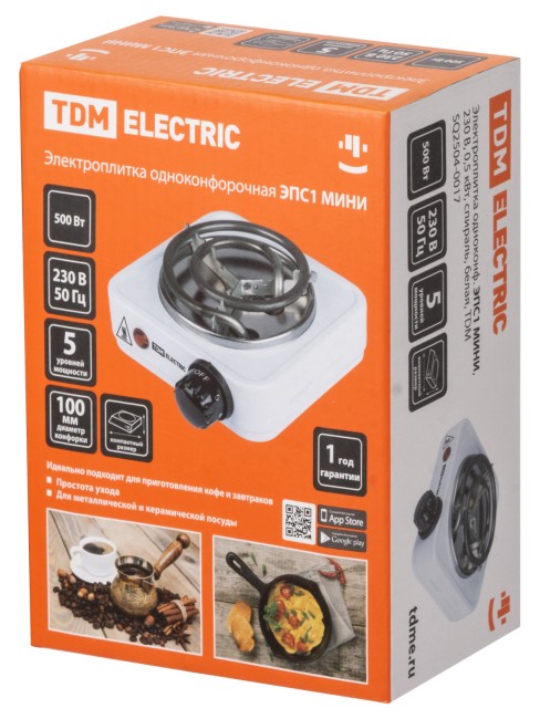 Электроплитка одноконф. ЭПС1 МИНИ, 230 В, 0,5 кВт, спираль, белая, TDM
