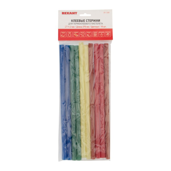 Стержни клеевые Ø11мм, 270мм, цветные (10 шт/уп), хедер REXANT