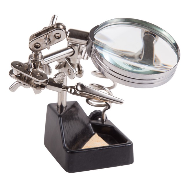 Держатель Третья рука, 2 зажима, лупа 60мм (2.5х), подставка паяльника, ниша, губка, чугун REXANT Держатель Третья рука, 2 зажима, лупа 60мм (2.5х), подставка паяльника, ниша, губка, чугун REXANT