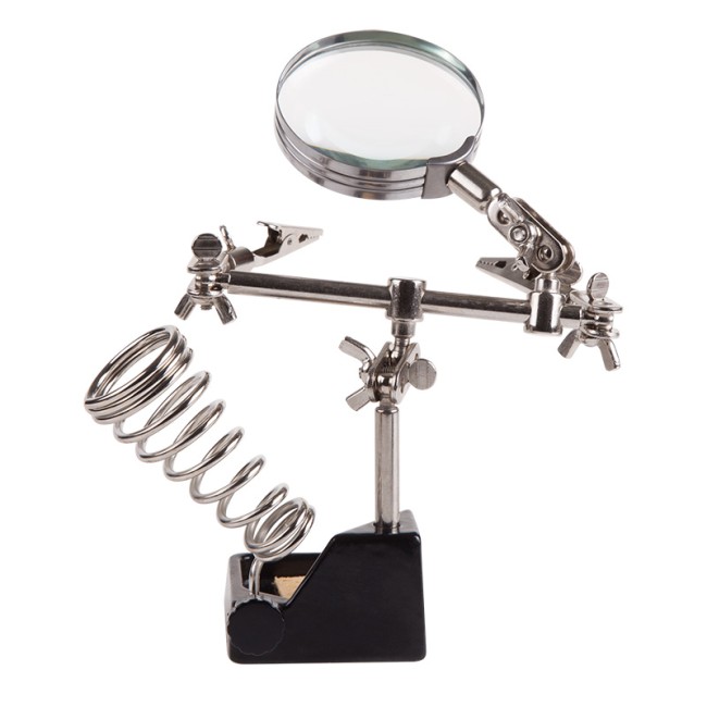 Держатель Третья рука, 2 зажима, лупа 60мм (2.5х), подставка паяльника, ниша, губка, чугун REXANT Держатель Третья рука, 2 зажима, лупа 60мм (2.5х), подставка паяльника, ниша, губка, чугун REXANT