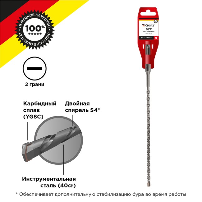Бур по бетону 6x260x200 мм SDS PLUS Kranz