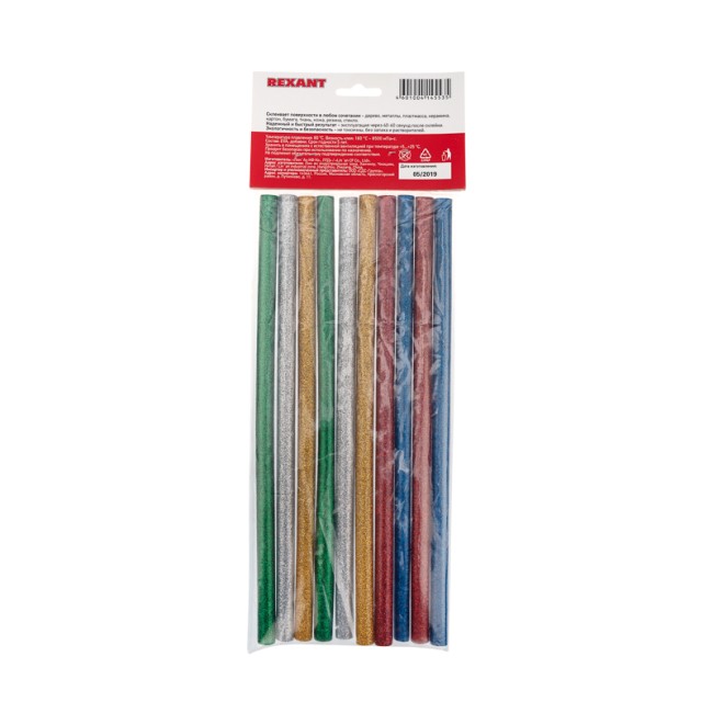 Стержни клеевые Ø11мм, 270мм, цветные с блестками (10 шт/уп), хедер REXANT Стержни клеевые Ø11мм, 270мм, цветные с блестками (10 шт/уп), хедер REXANT