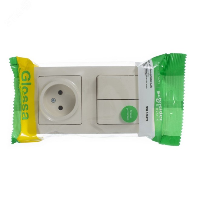 Блок: розетка + выключатель двухклавишный бежевый