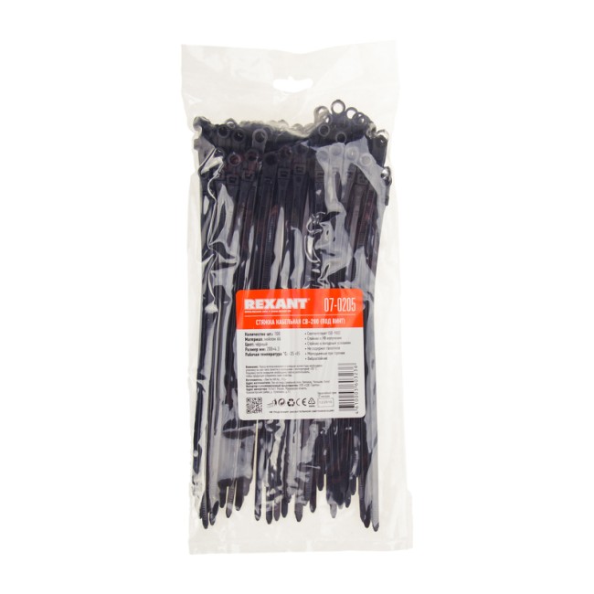 Стяжка нейлоновая под винт 200x4,3мм, черная (100 шт/уп) REXANT 