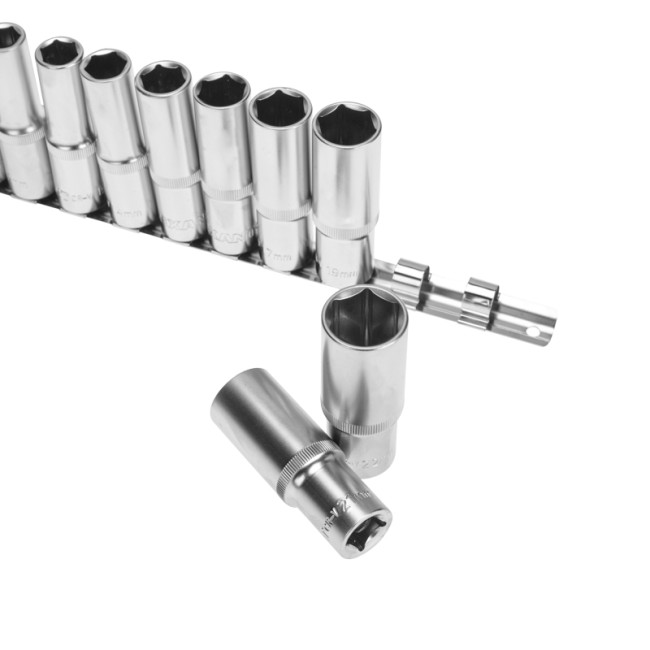 Набор удлиненных торцевых головок 1/2, шестигранные, CrV, 10 шт., 10-22мм REXANT Набор удлиненных торцевых головок 1/2, шестигранные, CrV, 10 шт., 10-22мм REXANT