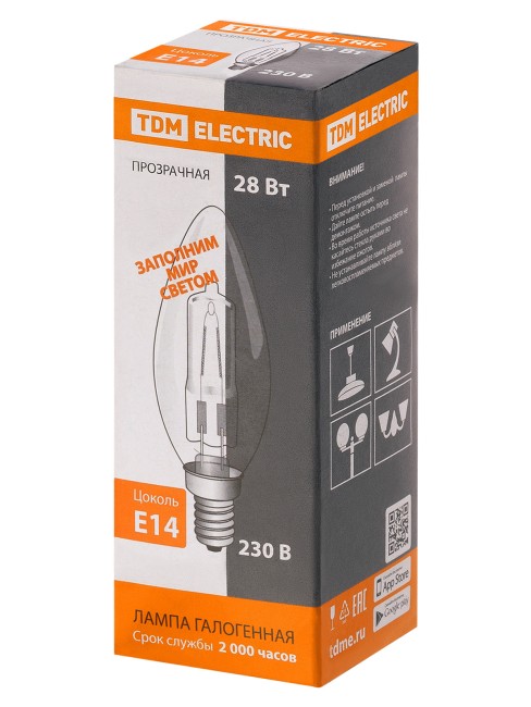 Лампа галогенная  "Свеча" прозрачная 28 Вт-230 В-Е14 TDM
