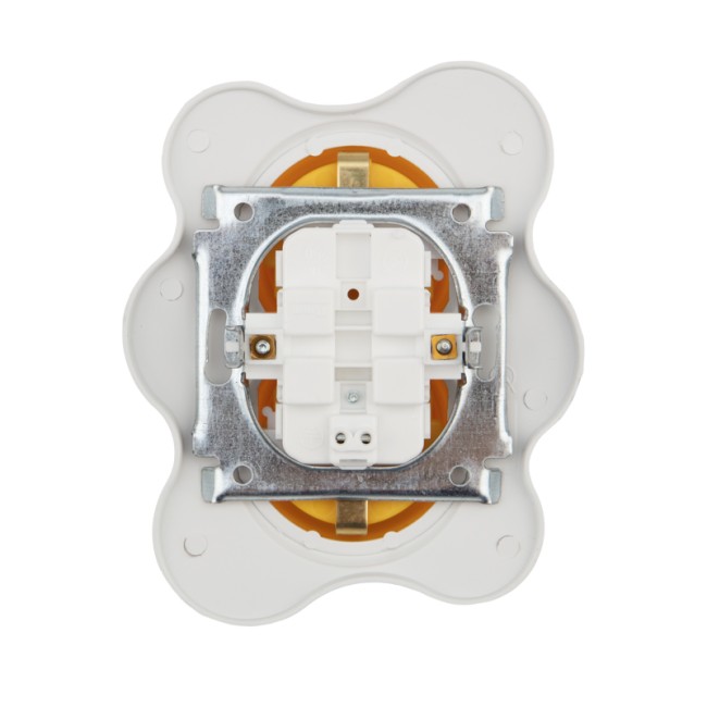 Розетка двойная KRANZ HAPPY Яичница скрытой установки, с заземлением и защитными шторками, желтая/белая Розетка двойная KRANZ HAPPY Яичница скрытой установки, с заземлением и защитными шторками, желтая/белая