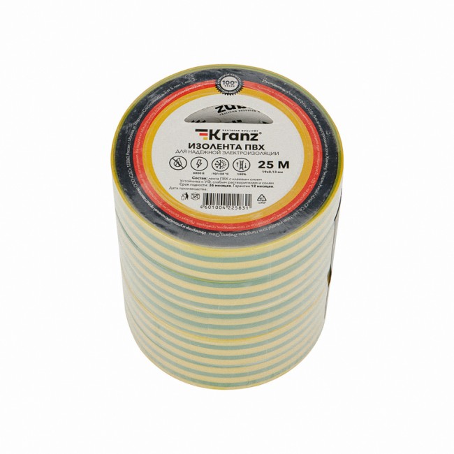 Изолента ПВХ 0,13х19 мм, 25 м, желто-зеленая KRANZ
