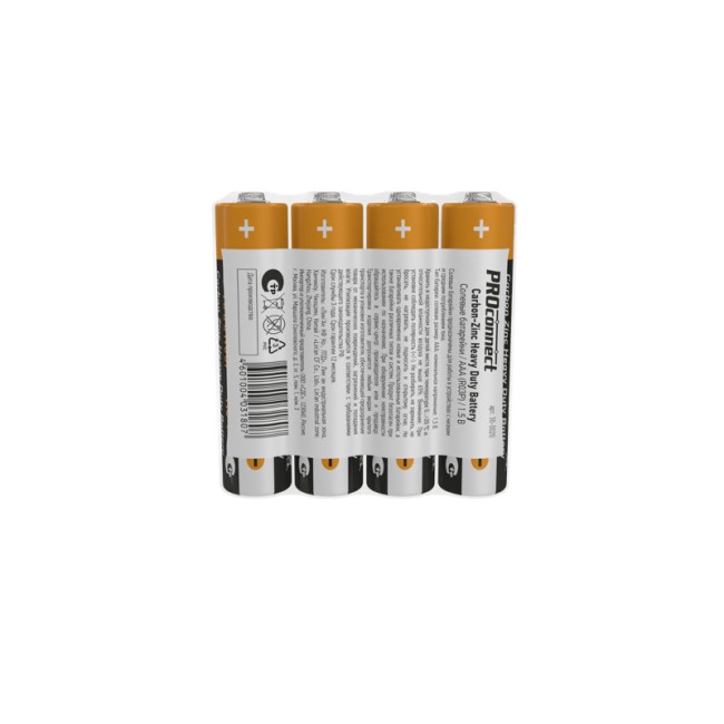 Батарейка солевая ААA/R03, 1,5В, 4 шт, термопленка PROconnect Батарейка солевая ААA/R03, 1,5В, 4 шт, термопленка PROconnect