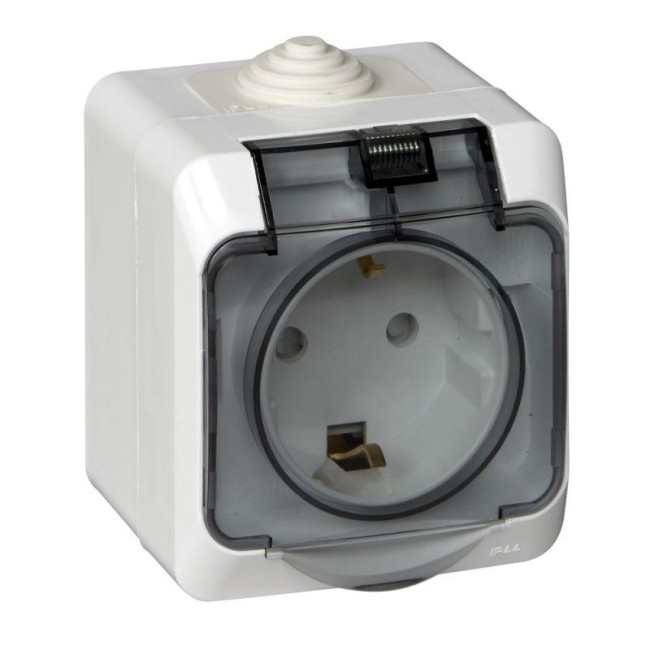 Розетка 1-м ОП Этюд 16А IP44 250В с заземл. защ. шторки с крышкой бел. SE PA16-044B Розетка 1-м ОП Этюд 16А IP44 250В с заземл. защ. шторки с крышкой бел. SE PA16-044B