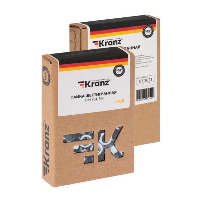 Гайка шестигранная DIN 934, M8 короб (100 шт/уп) KRANZ Гайка шестигранная DIN 934, M8 короб (100 шт/уп) KRANZ