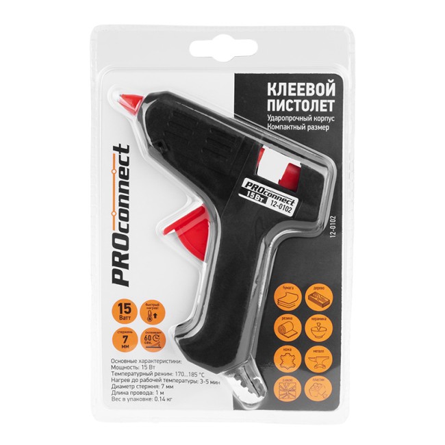 Пистолет клеевой, 15Вт, Ø7мм, блистер PROconnect Пистолет клеевой, 15Вт, Ø7мм, блистер PROconnect