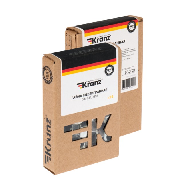 Гайка шестигранная DIN 934, M12 короб (25 шт/уп) KRANZ 