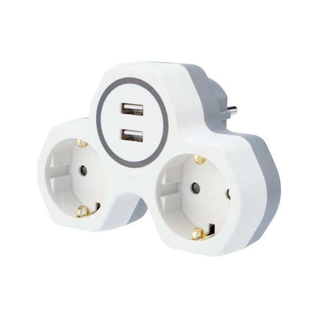 Двойник электрический 16 А с заземлением и защитными шторками + 2 USB порта, 2,4 А, белый REXANT 